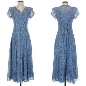 Vintage 90s All That Jazz Blue Floral Lace Dress Maxi Corset Cottagecore 5/6